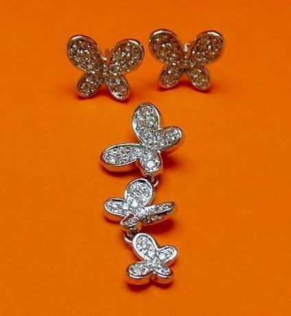 Picture of “Butterfly” set of pendant and stud earrings in sterling silver and cubic zirconia