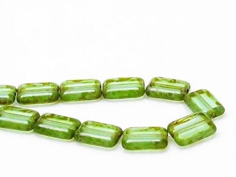 Picture of 12x8 mm, flat rectangular Czech beads, light peridot green, transparent, picasso