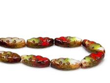 Picture of 18x7 mm, carved, flat spindle-shaped Czech beads, cream-green-red, opaque, picasso, 6 pieces