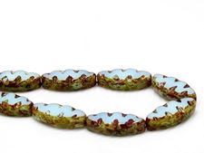 Picture of 18x7 mm, carved, flat spindle-shaped Czech beads, turquoise opal blue, opaque, picasso, 6 pieces