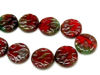 Picture of 20 mm, carved, flat round Czech beads, deep red, translucent, green-grey travertine, 6 pieces