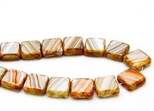 Afbeeldingen van 10x10 mm, platte vierkante Tsjechische kralen, wit-oranje-grijs gestreept, ondoorzichtig, travertin, 12 stuks