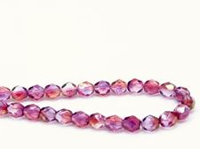 Picture of 6x6 mm, Czech faceted round beads, transparent, variegated pink and purple luster