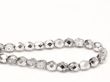 Picture of 6x6 mm, Czech faceted round beads, transparent, white smoke grey luster, half tone silver mirror