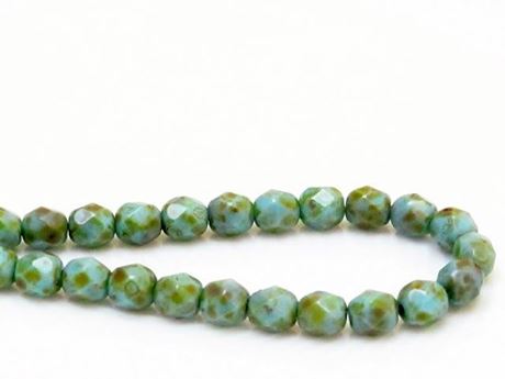 Picture of 6x6 mm, Czech faceted round beads, turquoise blue, opaque, green picasso