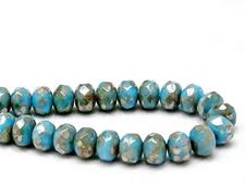 Picture of 6x8 mm, Czech faceted rondelle beads, light turquoise blue, opaque, pale golden ghost