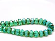 Picture of 6x8 mm, Czech faceted rondelle beads, opal aqua green, translucent, travertine