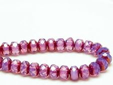 Picture of 6x8 mm, Czech faceted rondelle beads, opal lavender purple, translucent, bronze mirror