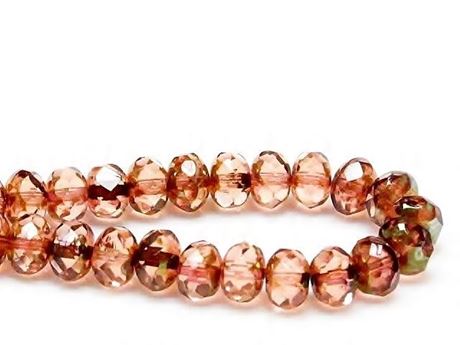 Picture of 6x8 mm, Czech faceted rondelle beads, peachy pink, transparent, golden green picasso