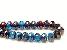 Picture of 6x8 mm, Czech faceted rondelle beads, variegated deep sky blue and garnet red, transparent