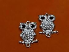 Picture of Connector, owl, rhodium-plated, pavé crystal