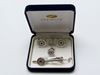 Picture of Cufflinks and tie clips, round, purple and transparent crystals, silver-plated 