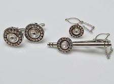 Picture of Cufflinks and tie clips, round, transparent crystals, silver-plated 