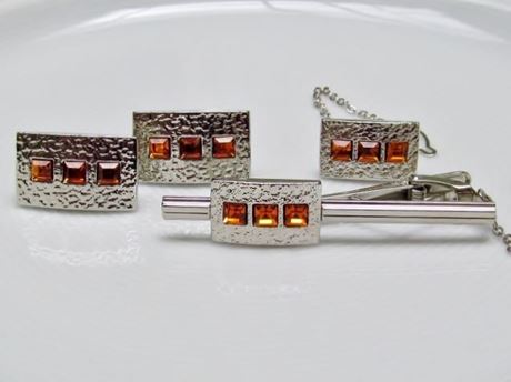 Afbeeldingen van Manchetknopen en stropdas clips, rechthoekig, topaas goudgele kristallen, verzilverd
