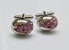 Picture of Cufflinks, oval, dome, light magenta crystals in widget, silver-plated 