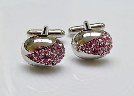 Picture of Cufflinks, oval, dome, light magenta crystals in widget, silver-plated 