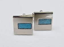 Picture of Cufflinks, flat square, off center rectangular turquoise blue glass, silver-plated