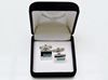 Picture of Cufflinks, flat square, off center rectangular turquoise blue glass, silver-plated
