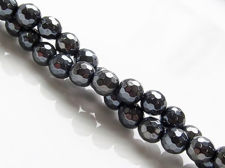 Picture of 6x6 mm, round, gemstone beads, onyx, black, faceted, metallic sheen