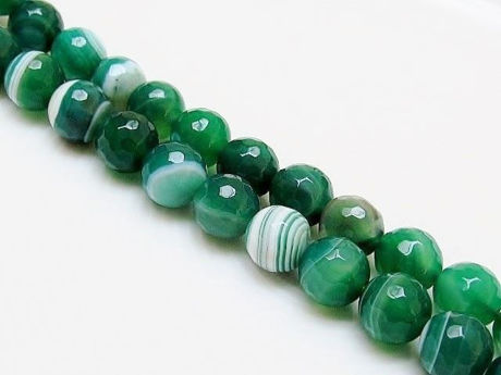 Picture of 10x10 mm, round, gemstone beads, natural striped agate, mint green to emerald green, faceted