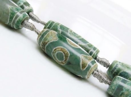 Image de 30x12 mm, perles ovales, pierres gemmes, agate, style tibétain, beige & vert bleu, vendu par perle