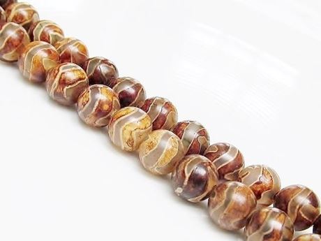 Picture of 8x8 mm, round, gemstone beads, agate, Tibetan style, greenish white and beige brown swirl