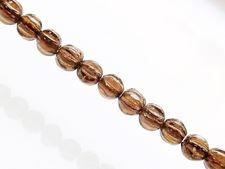 Picture of 4x4 mm, round melon, Czech druk beads, smoke topaz brown, transparent, golden inlay