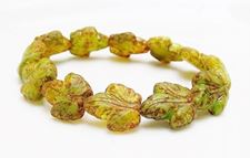 Picture of 16x14 mm, Czech druk beads, maple leaf, variegated moss green, matte, picasso finishing, 6 pieces