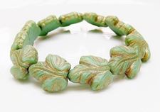 Picture of 16x14 mm, Czech druk beads, maple leaf, green-blue, matte, bronze patine, 6 pieces