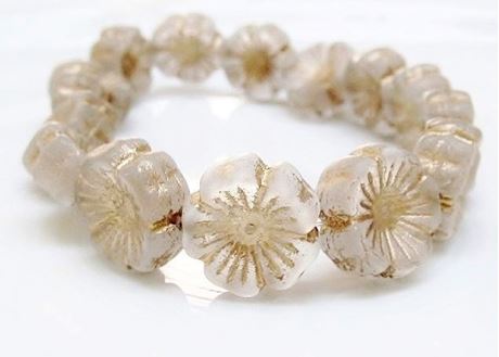 Picture of 14x14 mm, Czech druk beads, Hawaiian flower, floral white, matte, bronze patina