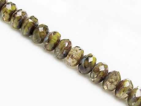 Picture of 5x8 mm, Czech faceted rondelle beads, floral white, opaque moss green glaze