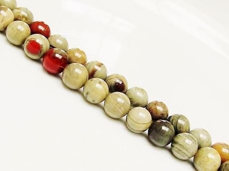 Picture of 8x8 mm, round, gemstone beads, new silver leaf jasper, olive green, natural