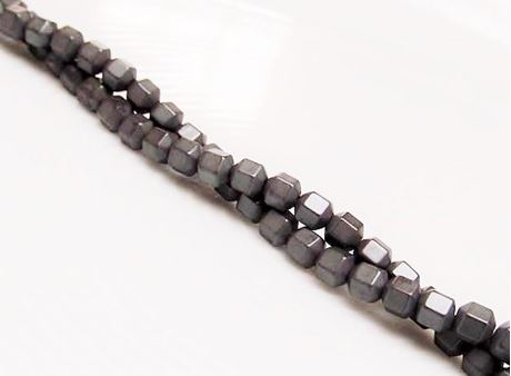 Picture of 3x3 mm, 18-sided cube, gemstone beads, hematite, midnight grey metalized, frosted