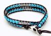 Image de Bracelet wrap en cuir, perles pierres gemmes, turquoise bleue et hématite
