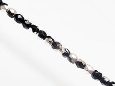 Picture of 3x3 mm, Czech faceted round beads, black, opaque, half tone silver mirror