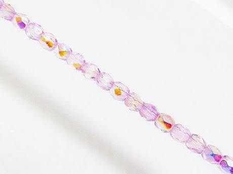 Picture of 3x3 mm, Czech faceted round beads, transparent, light lavender purple luster, AB