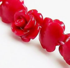 Picture of 8x8 mm, carved flowers, roses, gemstone beads, artificial stone, red, 25 pieces