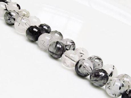 Image de 8x8 mm, perles rondes, pierres gemmes, quartz à rutile, noir, naturel