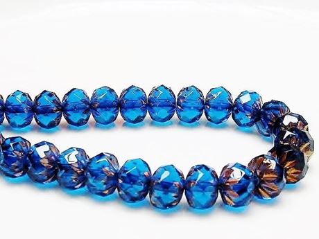 Image de 7x10 mm, perles rondelles sculptées, tchèques, bleu ciel profond, transparent, bronze rouille