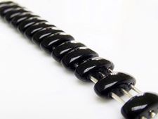 Picture of 3x8 mm, spindle, Cali beads, Czech glass, 3 holes, black, opaque, glossy finishing