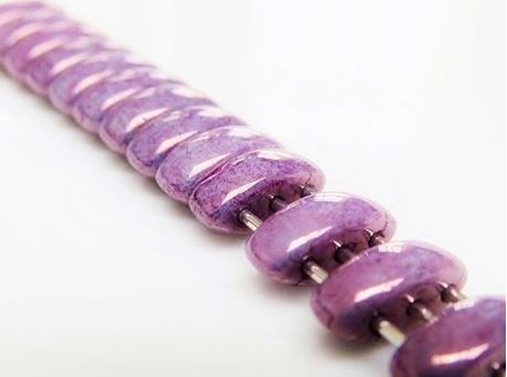 Picture of 3x8 mm, spindle, Cali beads, Czech glass, 3 holes, chalk white, opaque, alexandrite purple luster