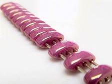 Picture of 3x8 mm, spindle, Cali beads, Czech glass, 3 holes, chalk white, opaque, lavender pink luster