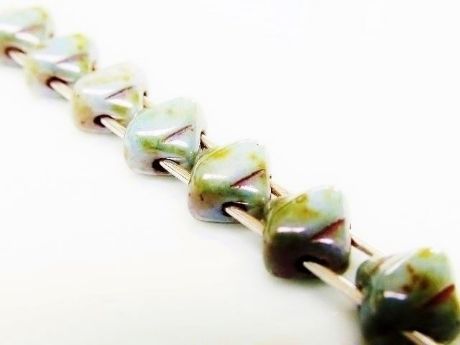 Picture of 5x5 mm, diagonal, mini Silky beads, Czech glass, 2 holes, alabaster white, translucent, fusion of grey blue and green