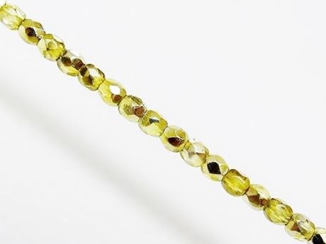 Picture of 4x4 mm, Czech faceted round beads, transparent, lime green luster, half tone mirror