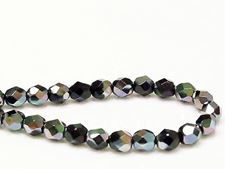 Picture of 6x6 mm, Czech faceted round beads, black, opaque, green-blue luster