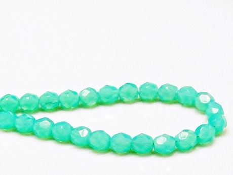 Picture of 6x6 mm, Czech faceted round beads, light turquoise green, translucent, opalescent