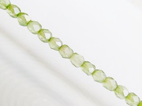 Picture of 4x4 mm, Czech faceted round beads, frosted crystal, translucent, celadon green luster