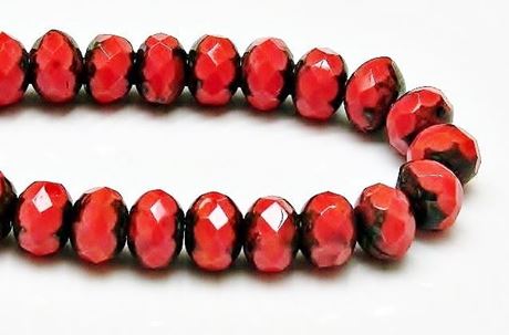 Picture of 6x8 mm, Czech faceted rondelle beads, crayola red, opaque, travertine