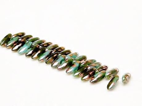Picture of 3x11 mm, Czech druk beads, mini daggers, teal, opaque, rose gold dotted finishing