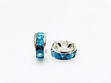 Picture of 8mm, rhinestone rondelle, brass beads, turquoise blue-silver-plated, 20 pieces